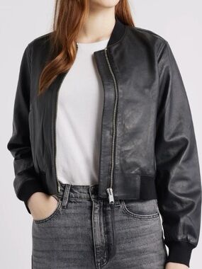 AllSaints Black Leather Bomber Jacket